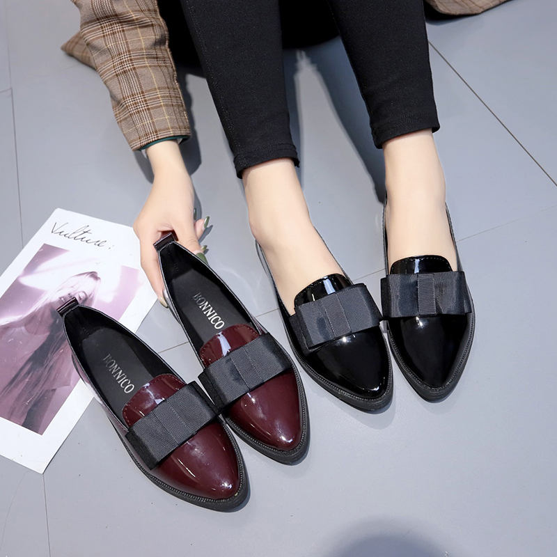 Women'S Shoes Loafers Black - Black/ Wine Red Patent Leather Pointed