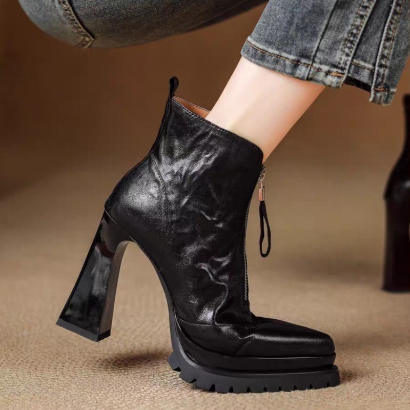 Block Heel Ankle Boots - Pointed Toe Super High Heel Women's