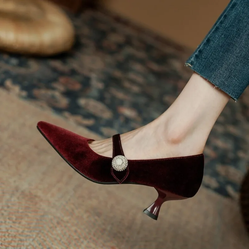 Women Shoes With Heels - Wine Red Pointed Toe Mary Jane
