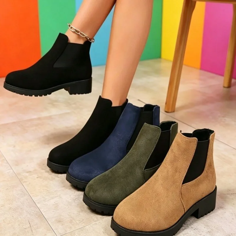 Block Heel Ankle Boots - Women Round Toe Chelsea Boots Elastic