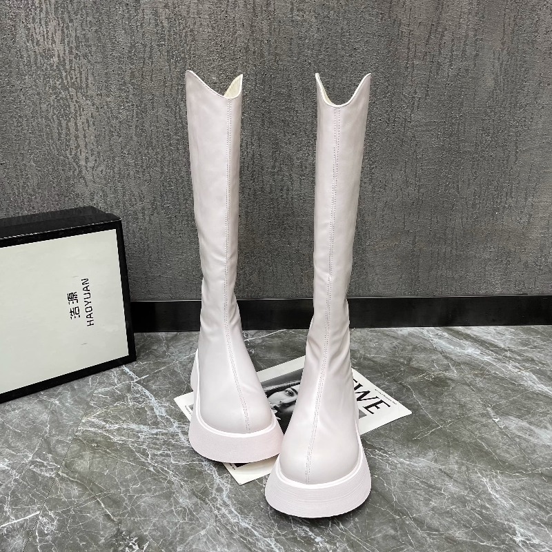 High Knee Heel Boots - Women's New Simple Solid Color Platform