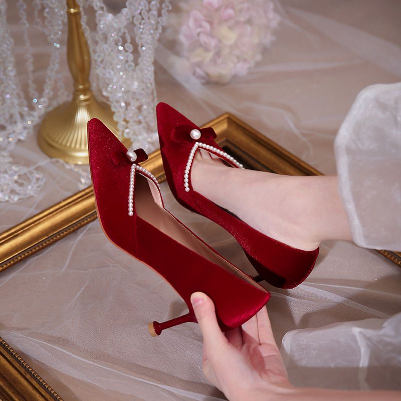 Women Shoes Quick Delivery - Red High Heel Pearl Ladies Pumps