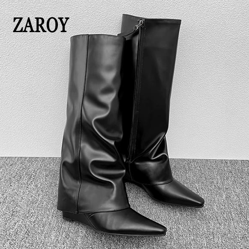 High Knee Heel Boots - ZAROY Black PU Leather Knee High