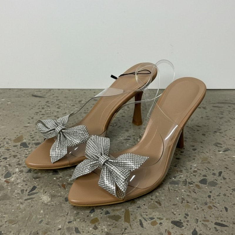 Jelly Sandal Women - Clear PVC Rhinestone Bow Heels Women