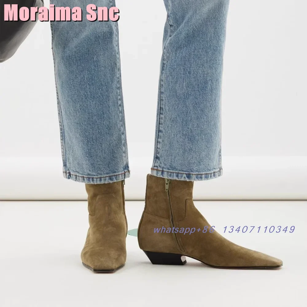 Block Heel Ankle Boots - Suede Leather Pointed Toe Ankle Boots
