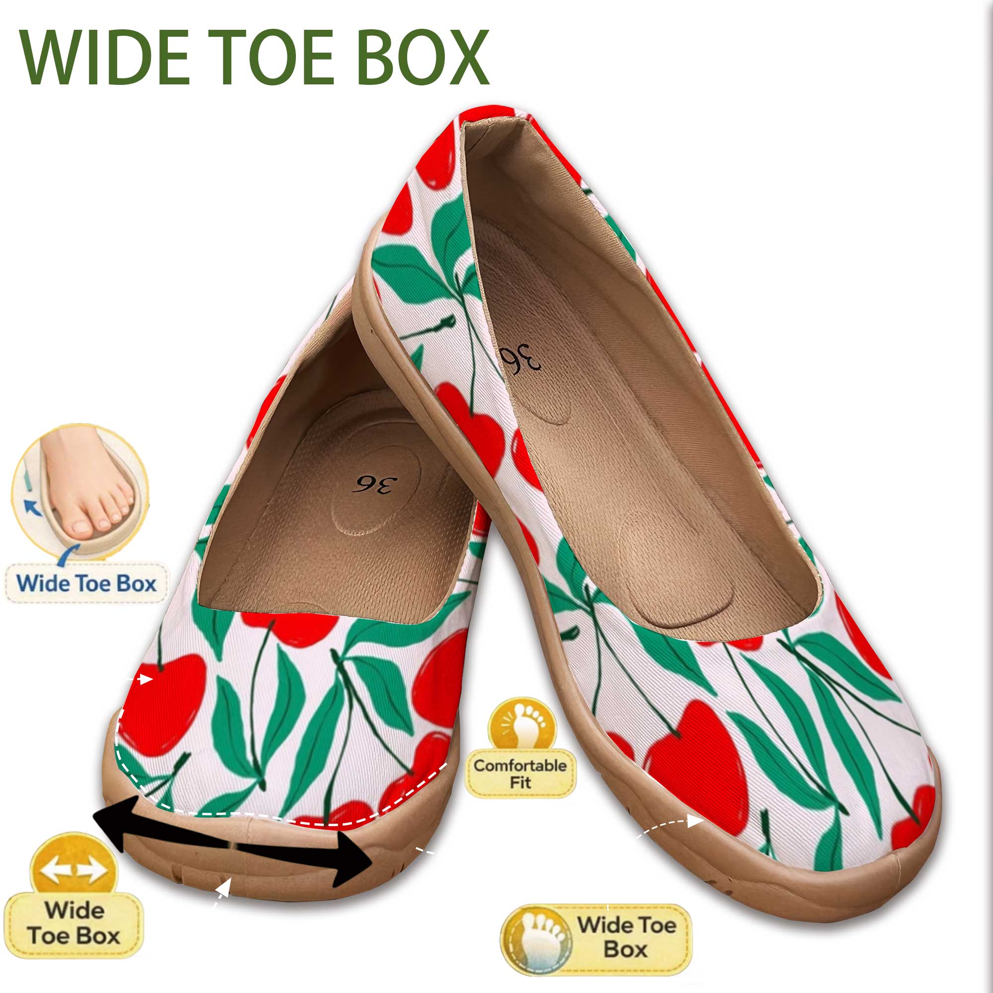 Women'S Shoes For Wide Feet - Sweet Cherry-Colored Wide-Fit Shallow-Mouthed Slip-On Shoes