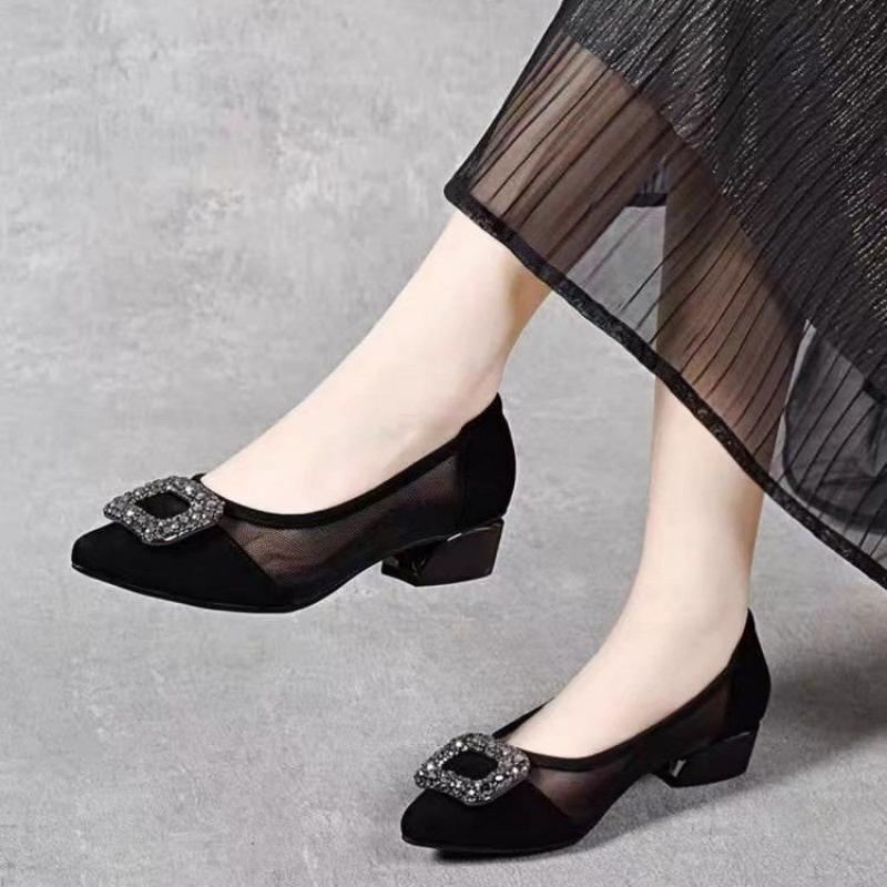 Women Shoes With Heels - Elegant Pointed Toe Mesh Block Heel