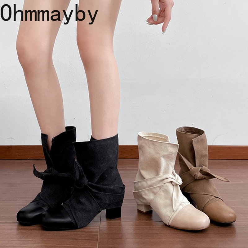 Women Round Toe Spliced Suede  - đánh giá và giá Block Heel Ankle Boots