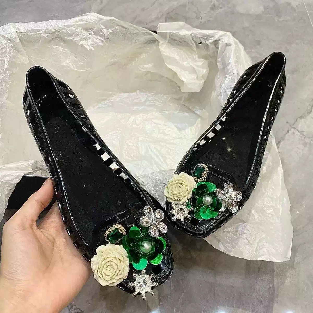 Luxury Big Rhinestone Flower S - đánh giá và giá Jelly Sandal Women