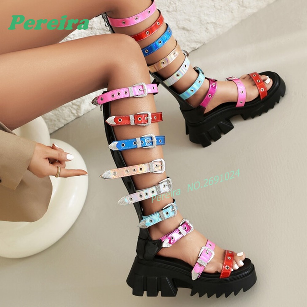 Colorful Multi Buckle Straps K - đánh giá và giá High Knee Heel Boots
