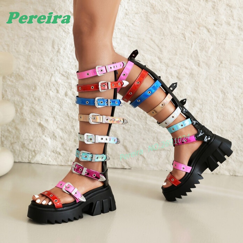 Colorful Multi Buckle Straps K - đánh giá và giá High Knee Heel Boots