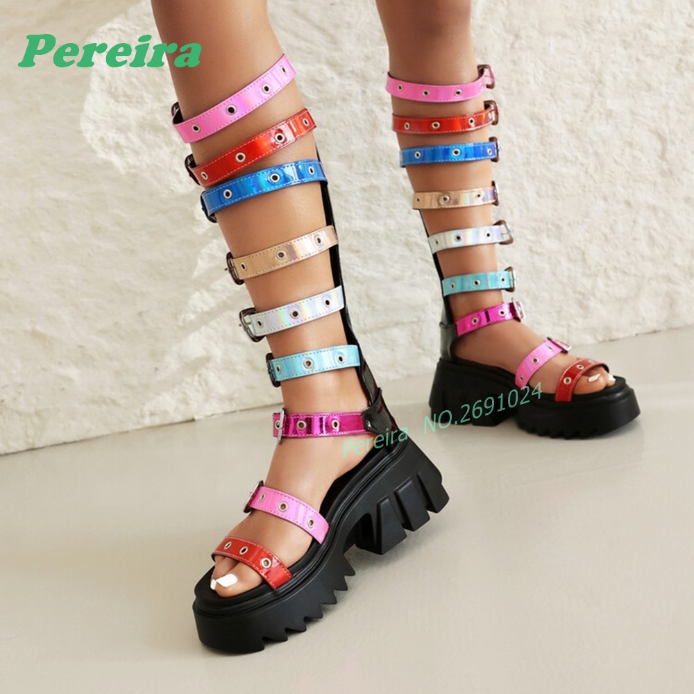 Colorful Multi Buckle Straps K - đánh giá và giá High Knee Heel Boots