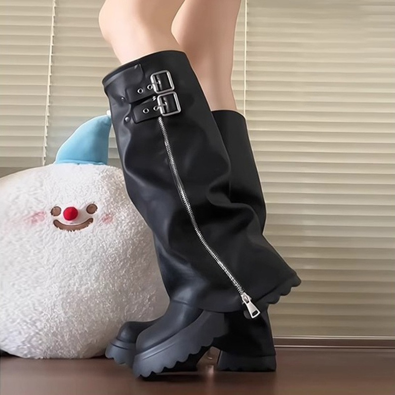 Punk Style Splicing Thick Bott - đánh giá và giá High Knee Heel Boots